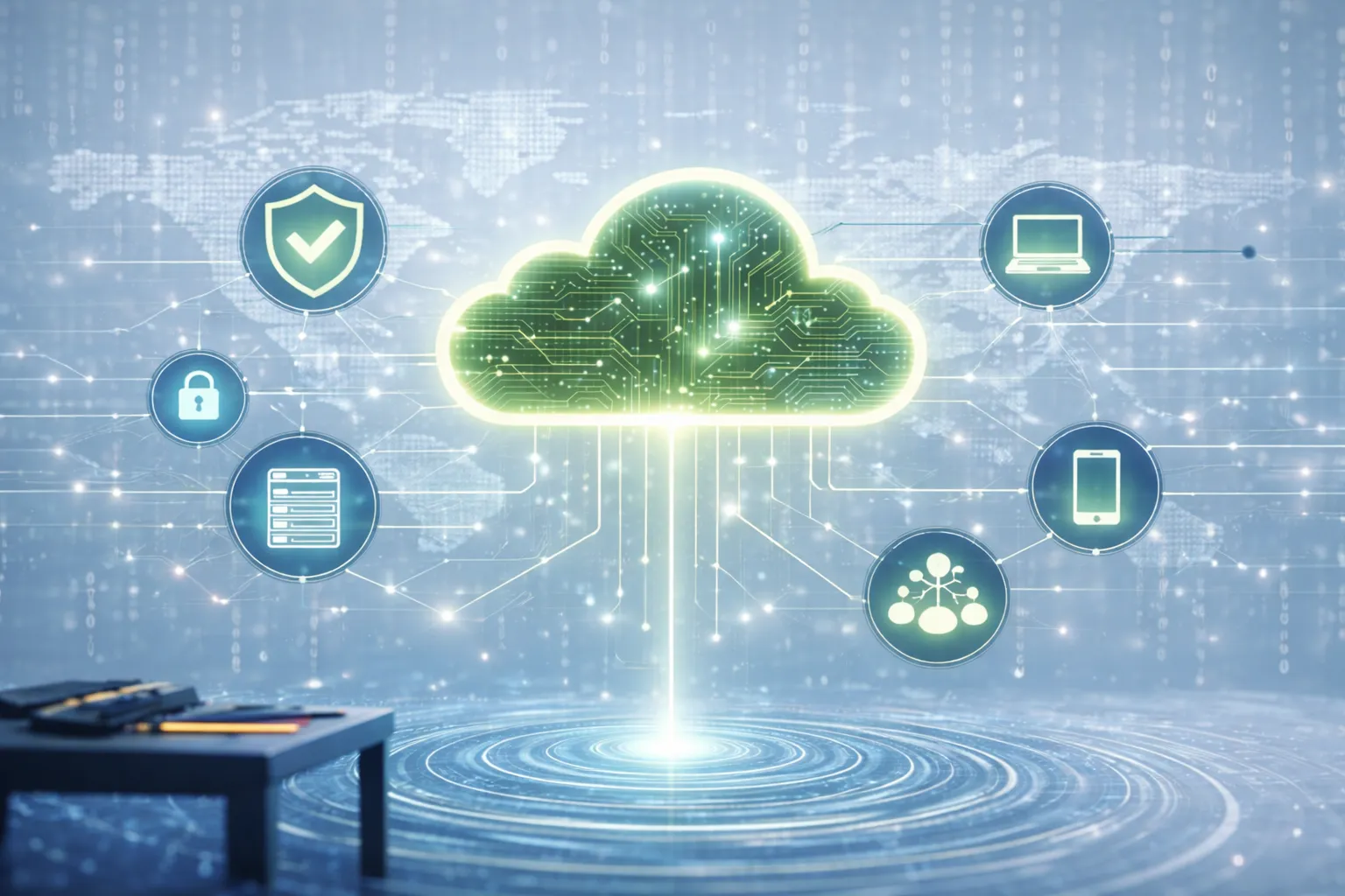 Ilustración de una nube conectada a dispositivos y servicios
