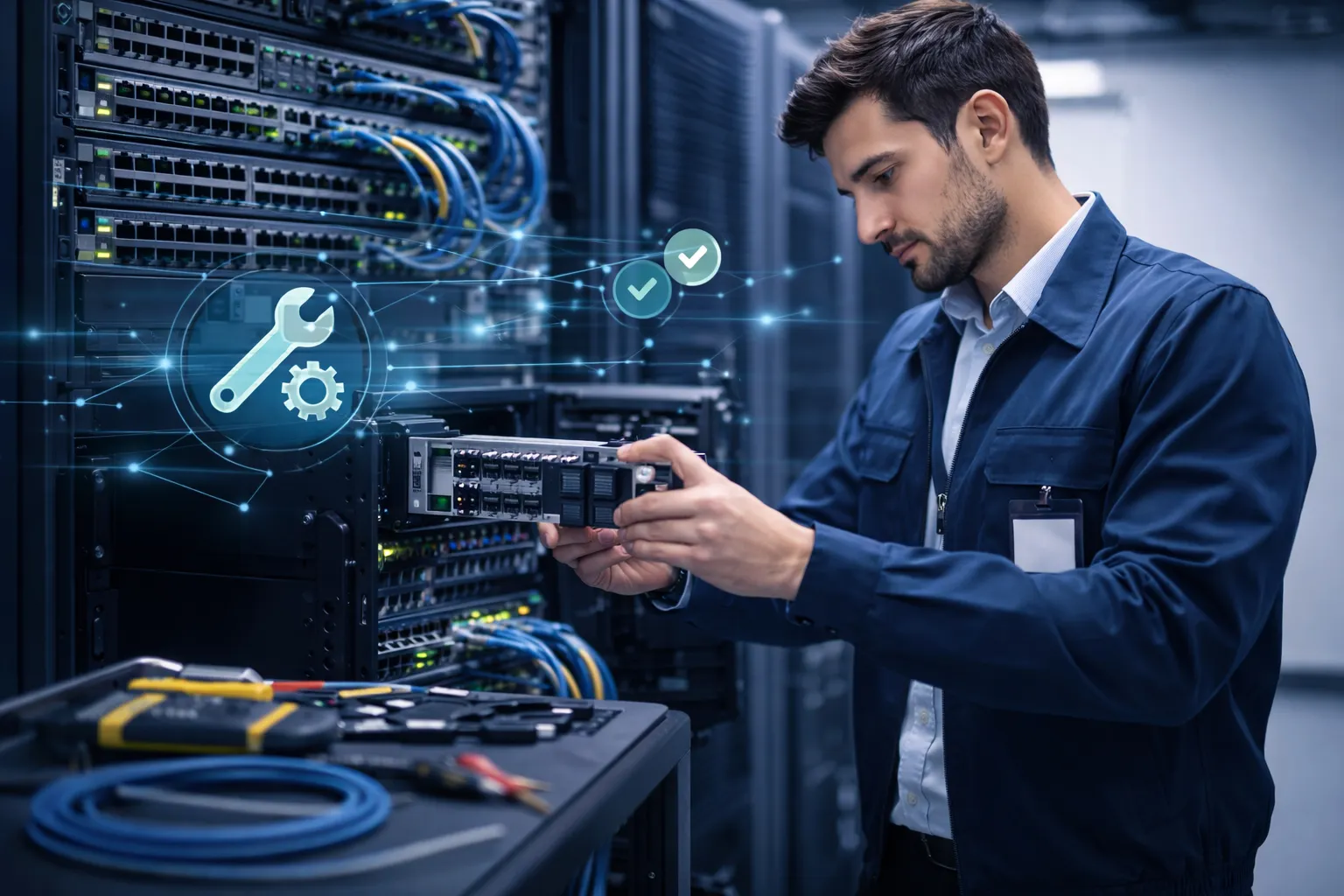 Técnico trabajando en un rack de servidores